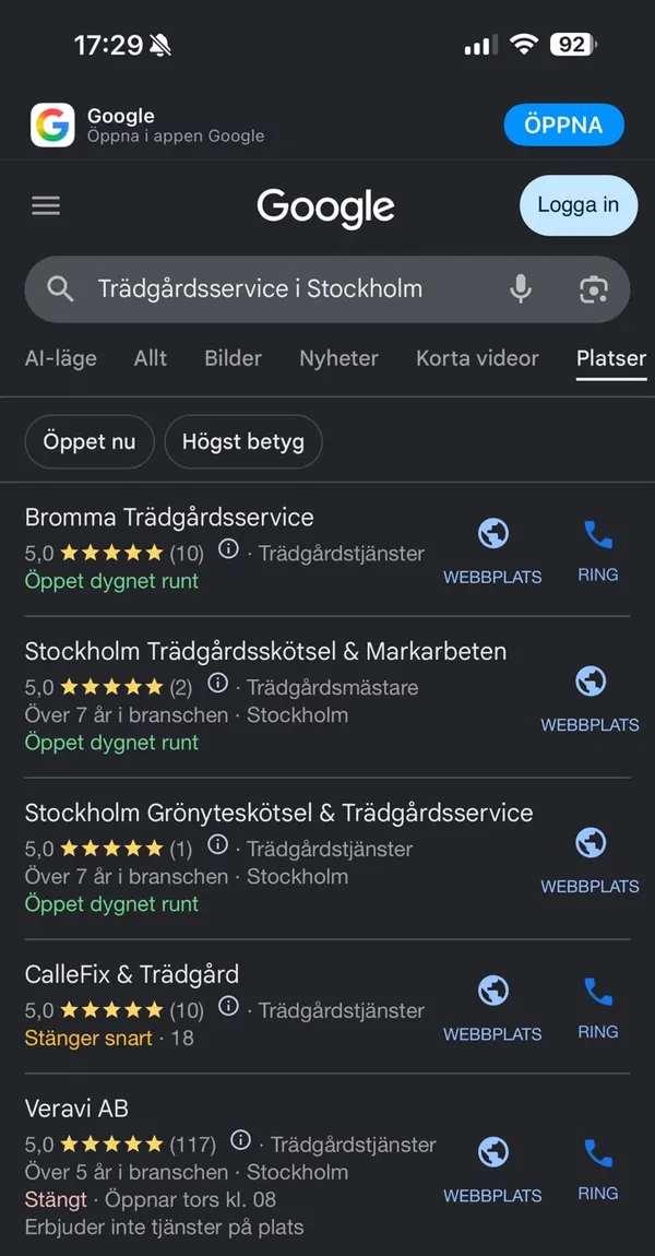 Googles Platser-flik för trädgårdsservice i Stockholm, med Bromma Trädgårdsservice överst